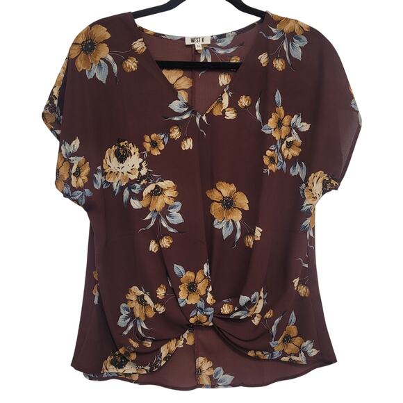 West K Floral Blouse Size M Brown Short Sleeve Semi-sheer Lightweight Top Fall - Picture 1 of 8